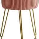 IBUYKE Velvet Round Footrest Ottoman, Makeup Vanity Stool Side Table, Velvet Dressing Table Seat, Pouf Couch Stool, Golden Steel Legs, Pink LG-30P (without storage)