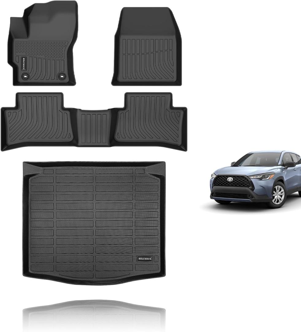 KELCSEECS Floor Mats & Cargo Liner for 2025 2024 2023 2022 Corolla Cross(Fit Hybrid & Gas) FWD All Weather Floor Liners Car Mats Cargo Mat Trunk Mat Corolla Cross Floor Mats Trunk Liner Accessories