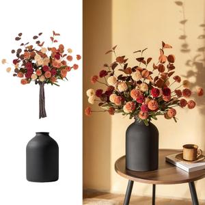 BLOSMON Flower Centerpiece Table Decorations: Metal Vase with 12 Stems of Fake Mums Kiku Flowers Eucalyptuses for Home Dining Room - Burnt Orange Artificial Pom Poms Floral Arrangement in Vase