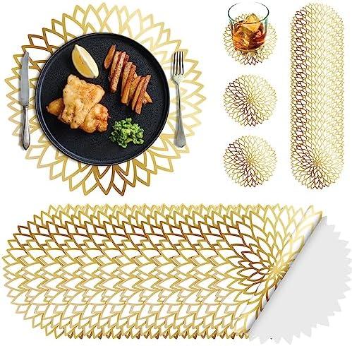 Geosar 12 Disposable Paper Placemats and Coasters Set Summer Hawaiian Luau Placemat with Coasters Outdoor Indoor for Greenery Jungle Dining Table Decoration Shower Birthday(Gold Round)