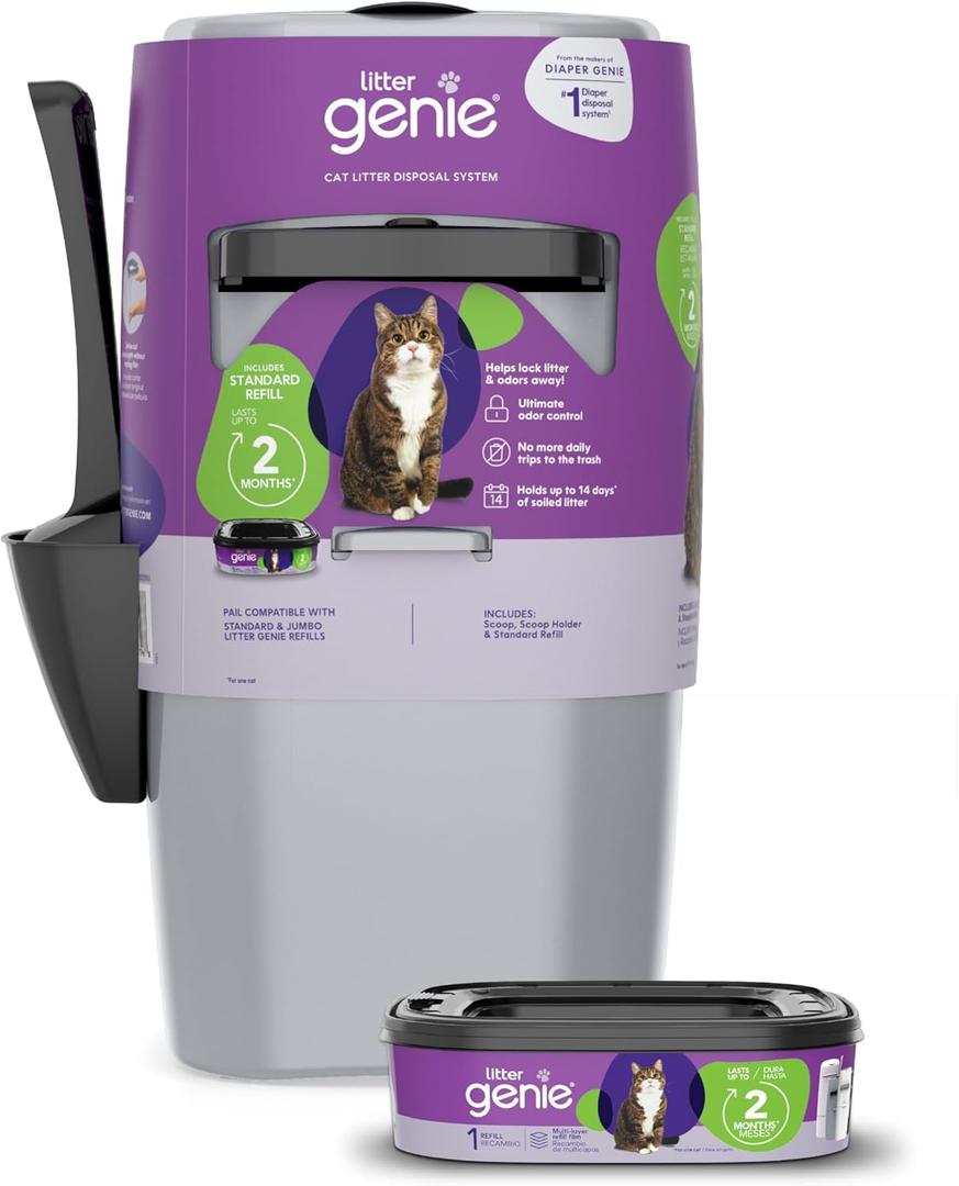 Litter Genie Standard Pail (Silver) | Cat Litter Box Waste Disposal System for Odor Control | Includes 1 Square Refill Bag