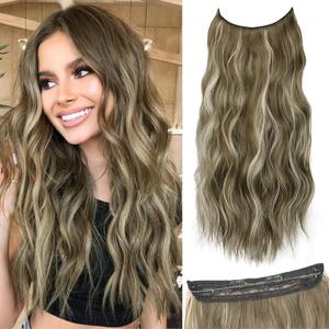 Medium Brown with Ash Blonde Highlight Halo Hair Extensions with Invisible Wire and 4 Secure Clips Wavy Synthetic Hair Extensions for Women Daily Part Use