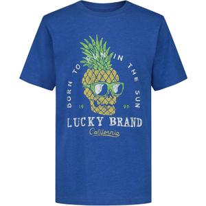 Lucky Brand Boys' Short Sleeve Graphic Crew Neck T-Shirt, Soft, Comfortable, Relaxed Fit, Pineapple Delft Heather, 14-16