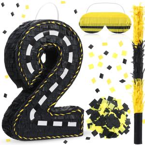 Poen Construction Piata Decorations 16 Inch Road Number Piata with Blindfold Stick and Confetti for Birthday Construction Tractor Piata Birthday Party Supplies Centerpiece Decors(Number 2)