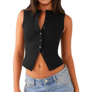 Womens Going Out Tops Summer Spring Ribbed Tank Sexy Crop Cute Y2K Button Down T Shirts Fashion Clothes 2025 (Medium, Black)