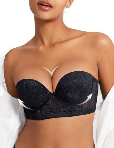 Amafuur Strapless Push Up Bra for Women Padded Underwire Support Convertible Lace Longline Bombshell Bras 42B