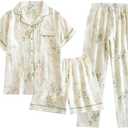 codcm Womens 3pcs Cotton Pajamas Set Short Sleeve Sleepwear Fruit Print Cute Pj Set with Long Pants (S)
