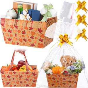 Funnymoom 6 Pack Fall Basket for Gifts Empty with Cellophane Bags Pull Bows Fall Maple Leaf Paper Basket Orange Autumn Gift Box for Autumn Thanksgiving Party Favors, 9.8 x 6.5 Inch