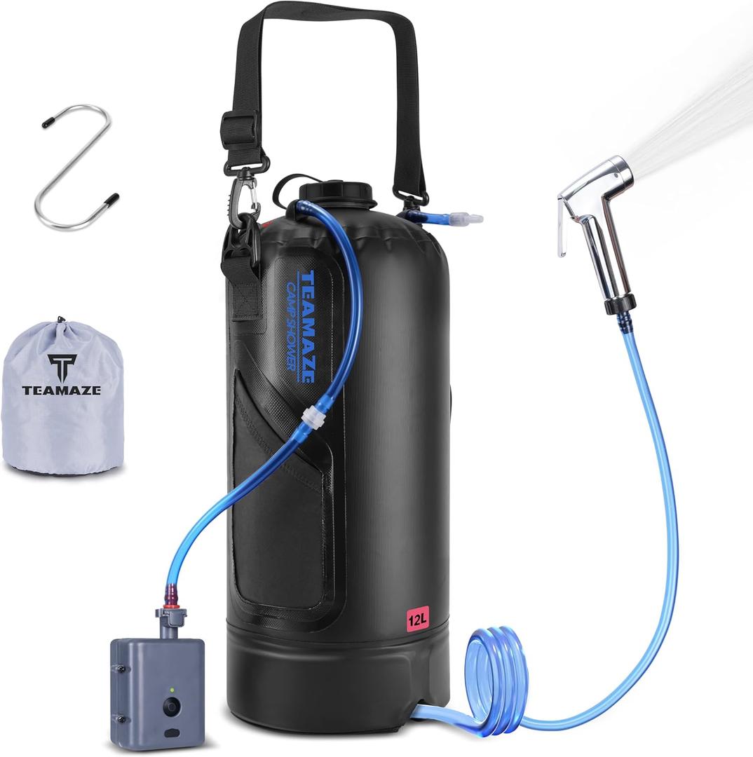 Camping Shower,12L Portable Camp Shower Bag with Upgraded Screw Lid, Auto Pressure Pump, Solar Shower, Camping Shower Head for Beach Camping, Hiking, Traveling, Washing