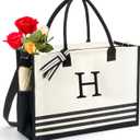 Personalized Initial Monogrammed Canvas Tote Bags, Gifts for Women Teachers Birthday Graduation Beach (White)