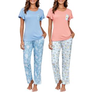 Ekouaer 2 Pack Womens Pajama Sets Short Sleeve with Long Pajama Pant Set Soft Sleepwear Printed Pj Lounge Sets with Pockets (XX-Large, Light Blue Floral+pink Fruit)