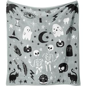 Halloween Blanket,Cute Kawaii Ghost Skeleton Goth Occult Creepy Witch Pumpkin for Women,Halloween Flannel Fleece Throw Blanket for Home Living Room Bed Chair Decor Blue 60"x50"