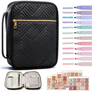 Bible Cover Case for Women, Quilted Large Handle Vegan Leather Bible Bags with Bible Study Supplies Accessories Church,Classroom,Campus,Neighborhood Association (Vintage Black,M/L)