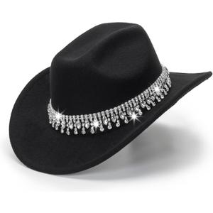 Glitter Silver Black Cowboy Hats for Women - Western Sparkly Rhinestone Cowgirl Hat for Ladies Size M-L (7-7 1/4)