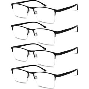 2 x 4 Pack Blue Light Blocking Reading Glasses for Men +1.5 – Executive Style Readers with Black Metal Frame & Black TR90 Temples, Half-Rim, Anti-Glare, Spring Hinges