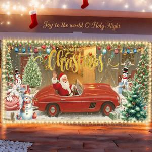 Inisajace Christmas Garage Door Cover with Led Light, Merry Christmas Door Decorations, Santa Large Front Door Banner Sign, Merry Xmas Holiday Backdrop Background Supplies Decor 7x16 Ft
