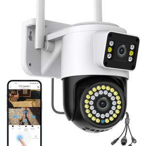Kinnkall Dual Lens WiFi Outdoor Security Camera, 4MP Pan/Tilt Surveillance, Human Tracking & Detection, Color Night Vision, 355View, SD/Cloud, 24/7 Record, 2.4G Wi-Fi, Works with Mobile Apps & PCs