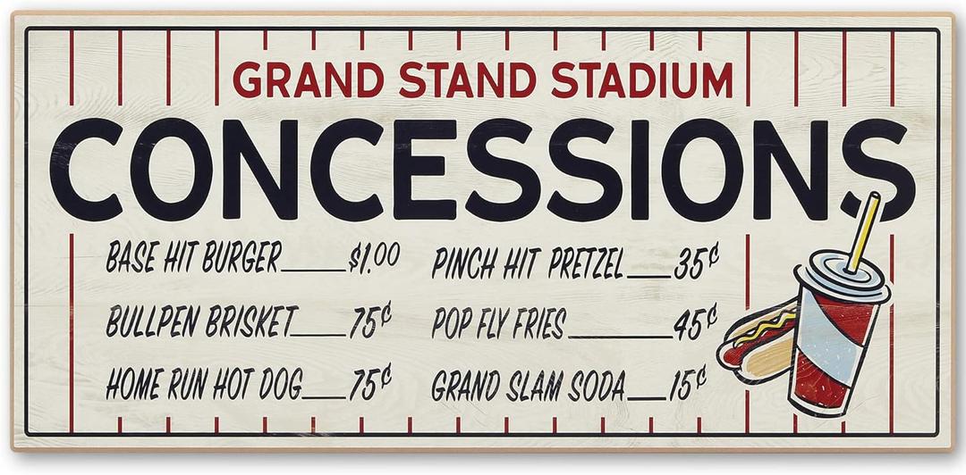 Nostalgic Baseball Wall Decor - Large Wood Concessions Sign - Baseball Decor for Bedroom, Sports Wall Art for Man Cave (White/Blue)