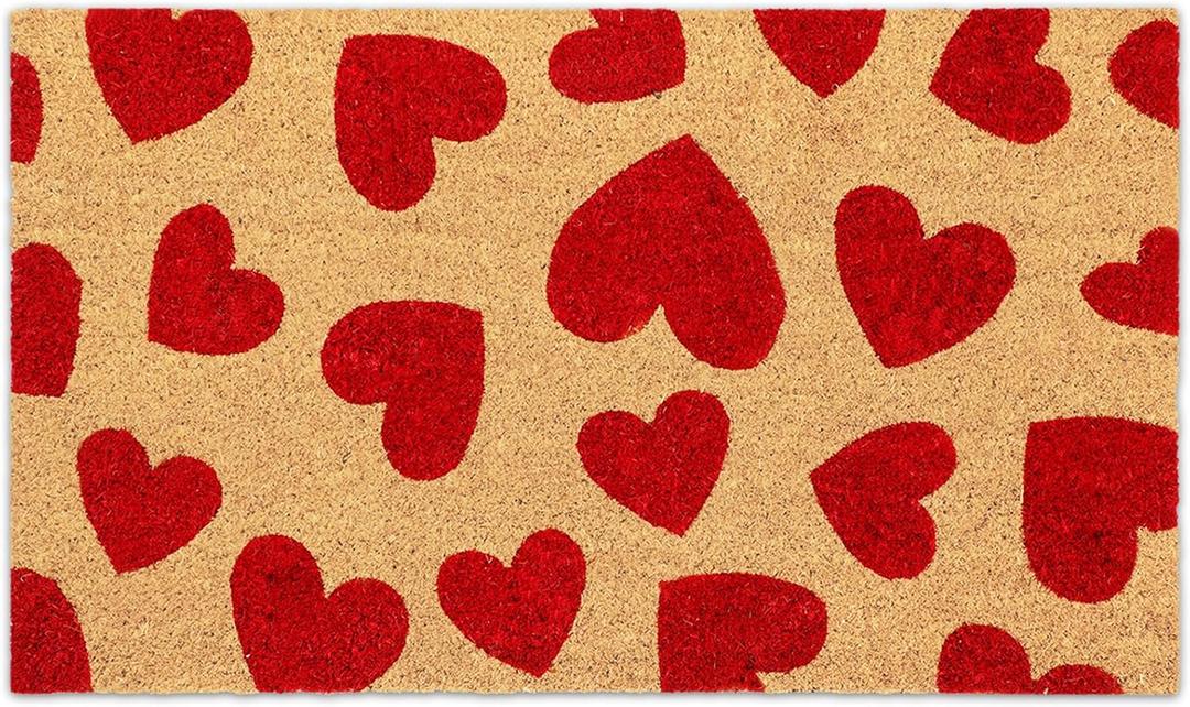 Valentine's Day Natural Coir Doormat Red Love Heart Welcome Floor Mat Non-Slip Entrance Door Rugs for Indoor Outdoor Home Bathroom Decor, 16.5 x 29 Inch