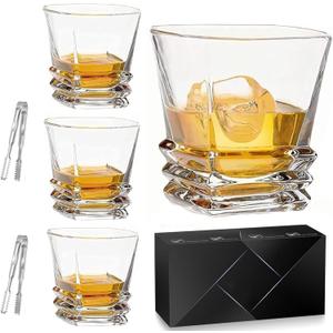 Whiskey Glasses Set of 4, Premium 9.87 oz Crystal Old Fashioned Rocks Glass with Luxury Gift Box & 2 Ice Tongs, Heavy Base Bourbon Tumblers, Drinking Gifts for Men Dad Husband