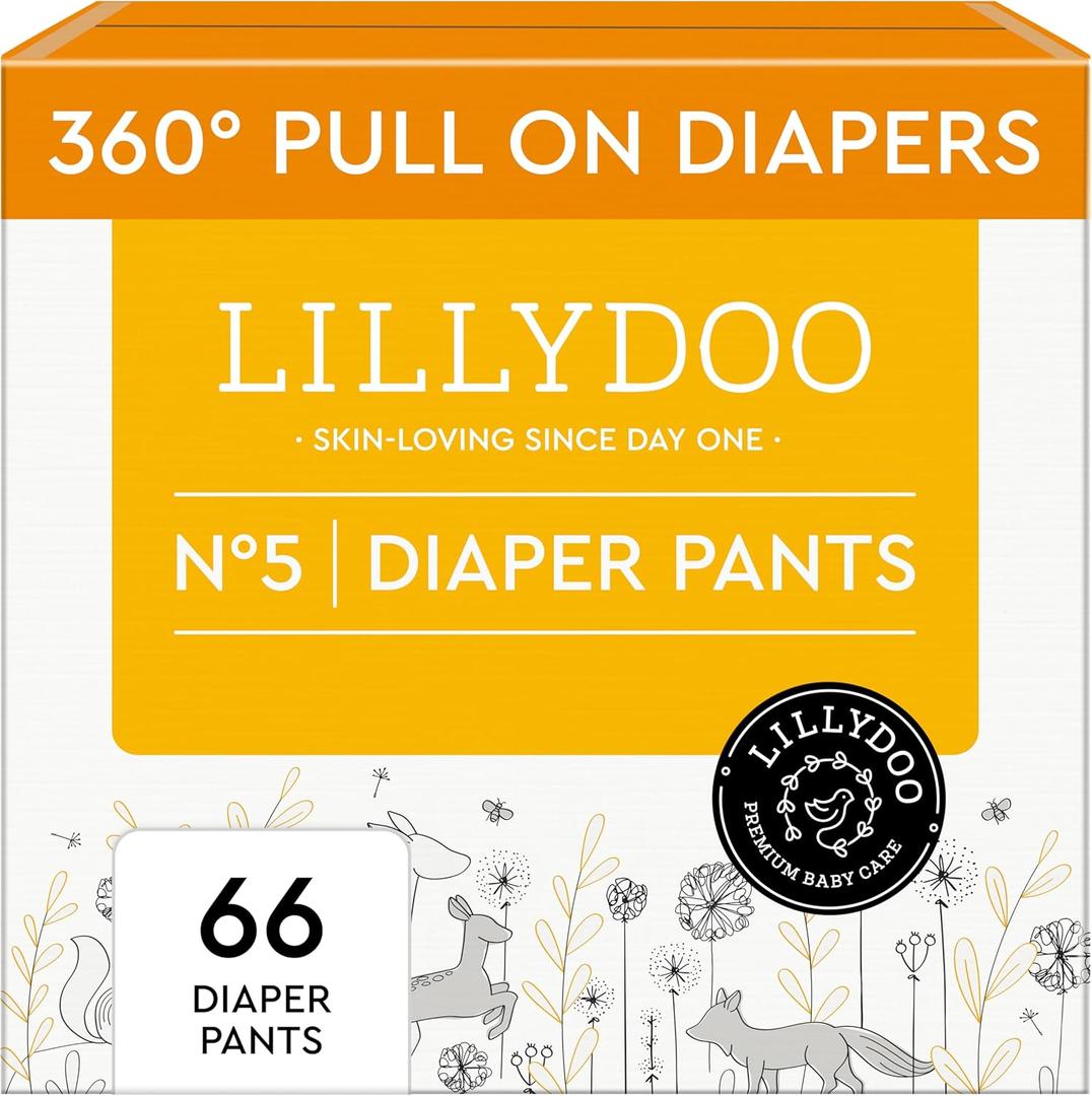 LILLYDOO Diaper Pants Toddlers - Size 5 (24+ lbs), Half-Monthly Supply (66 Count), Skin-Friendly, Ultrasoft, Chlorine-Free, Snug Fit & Absorbent Pull On Diapers