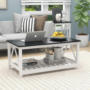 Farmhouse Coffee Table, Black and White Coffee Table for Living Room, 2-Tier Rectangular Wooden Centre Cocktail Table with Slats Shelf Storage and V-Shaped Frame Modern Coffee Tables Oak Black