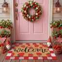 Tinideya 2 Pcs Strawberry Door Mat Fruit Pattern Design Welcome Non Slip Coir Mats Red and White Plaid Floor Layering Doormats Seasonal for Front Porch Entryway Decor(Strawberry), 23.6 x 35.4 Inches
