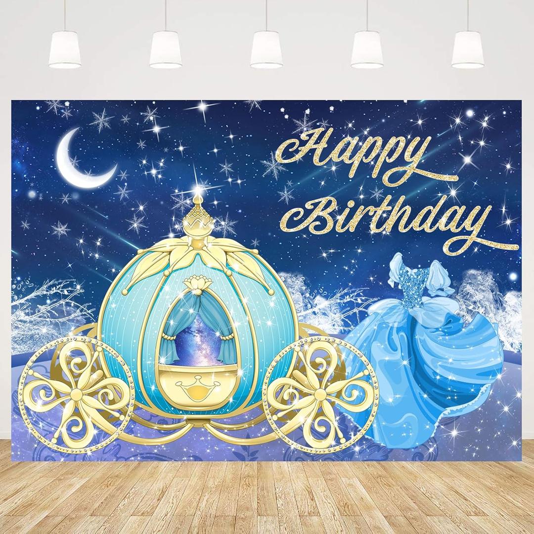 Withu Dreamy Blue Happy Birthday Backdrop Princess Fairy Tale Glitter Gold Pumpkin Carriage Prom Dress Party Banner for Girls Cake Desk Decor Photography Background 7x5ft