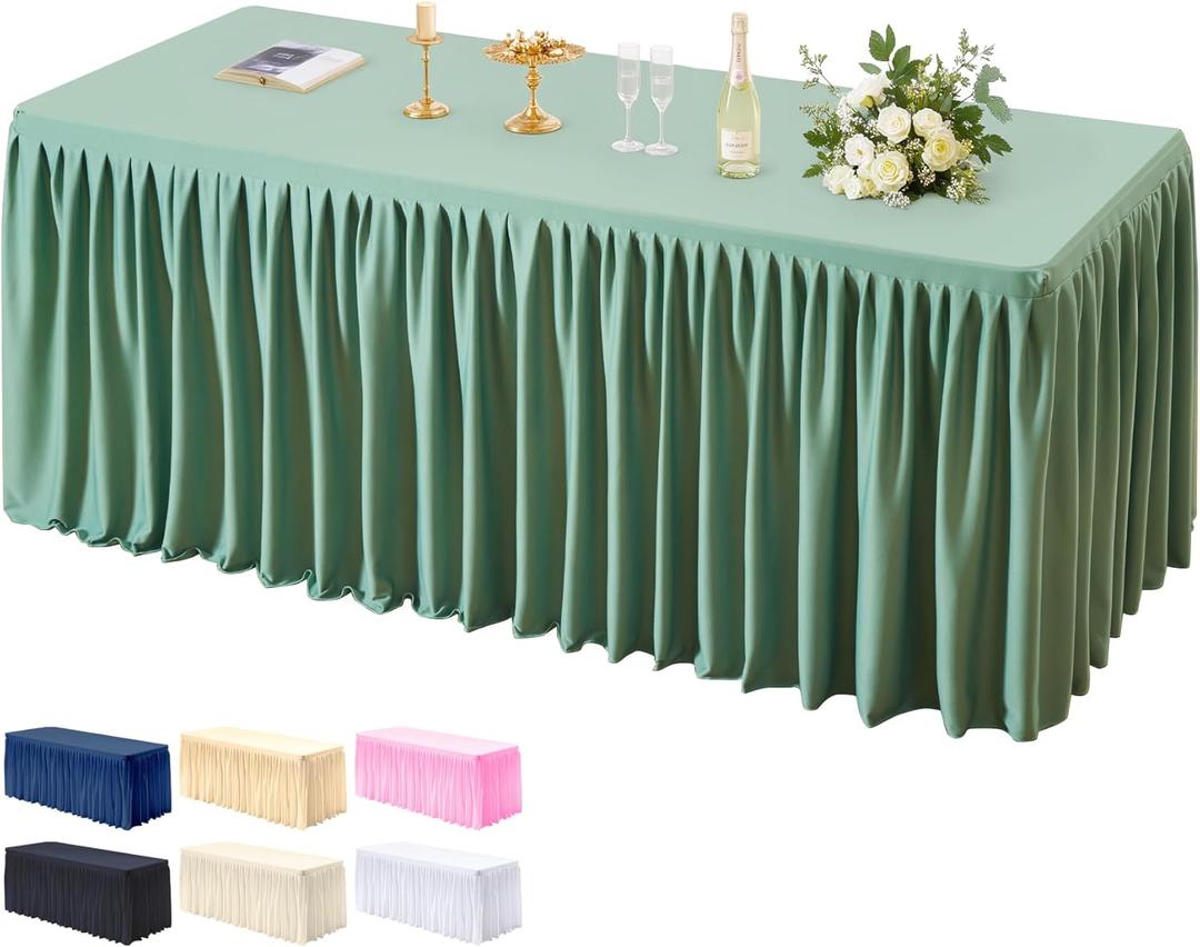 PARTISKY 1 Pack Sage Green Tablecloths for Rectangle Tables 8ft, Wrinkle Resistant Spandex Table Cover Fitted Stretch Table Cloth with Pleated Ruffle Skirts for Party Banquet Dining Birthday Wedding