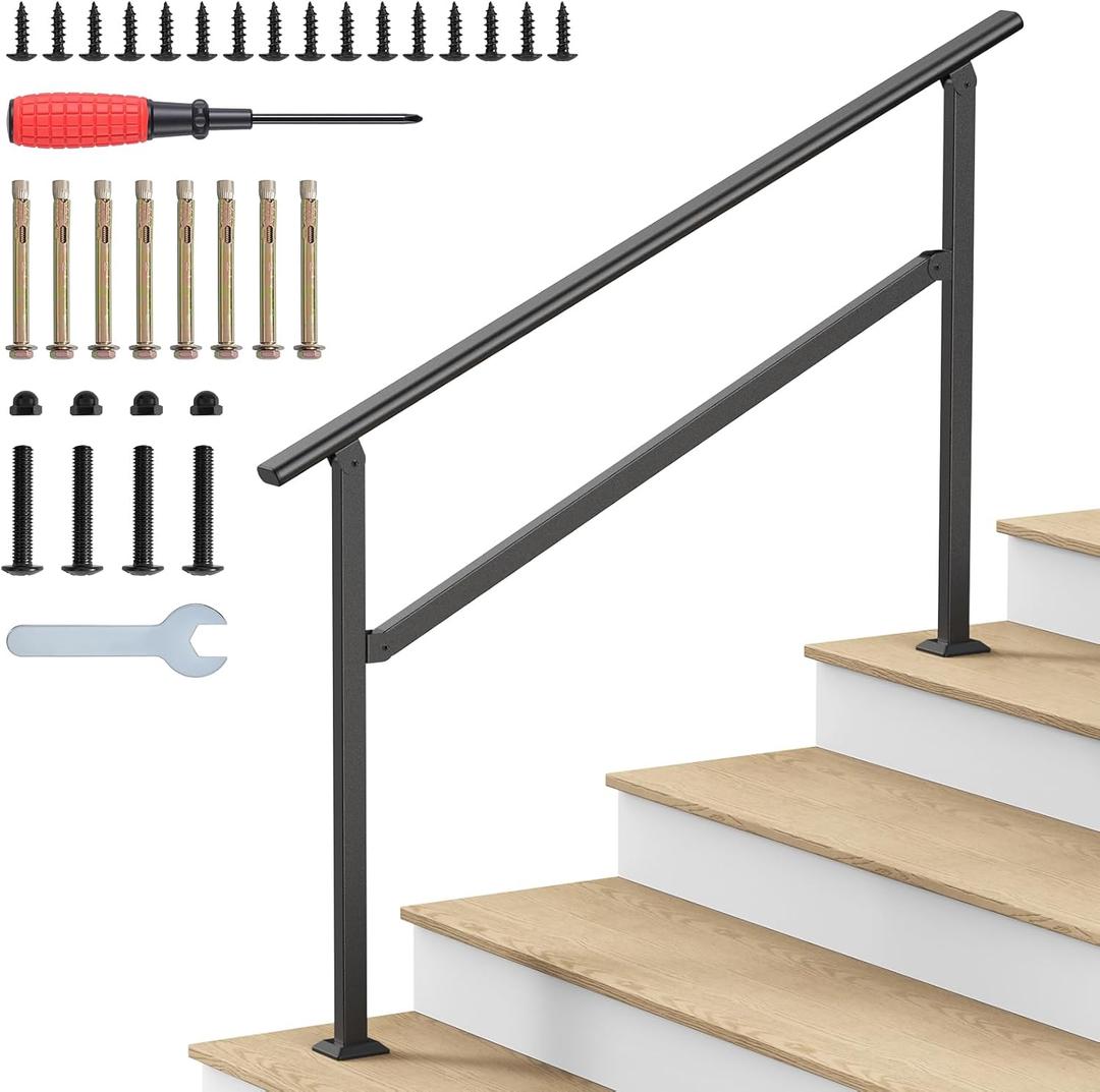 Hand Rails for Outdoor Steps, 2-5 Steps Wrought Iron Handrails for Outdoor Steps, Stair Railing for Porch, Home, Garden, Indoor, Staircase Handrails for Wooden, Cement, Brick, Marble (4 Steps)
