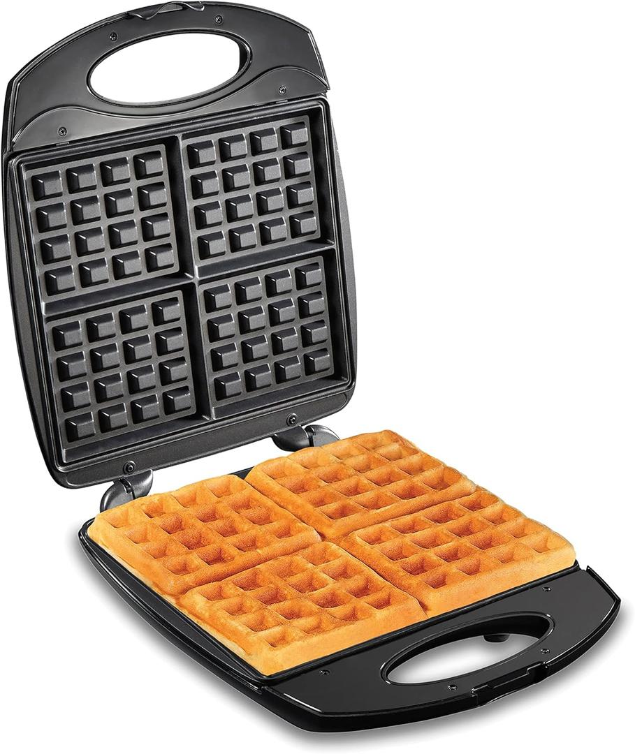 Hamilton Beach Non-Stick Belgian Waffle Maker with Indicator Lights, Makes 4 4" x 5" Mini Waffles, Hashbrowns or Keto Chaffles at Once, Compact Design for Easy Storage, Black & Stainless Steel (26020)