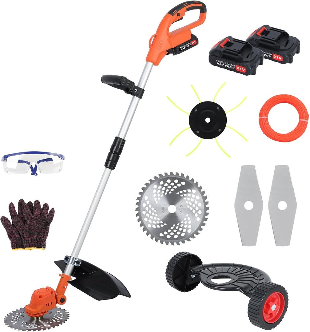 20V 10 Inch Weed Eater, Electric Weed Mower Cordless Trimmer, Telescopic Rod Home Weed Eater Cutter(2 Batteries & Charger Included), Battery Power Rechargeable Handheld Lawn Mower Electric Lawn Mow