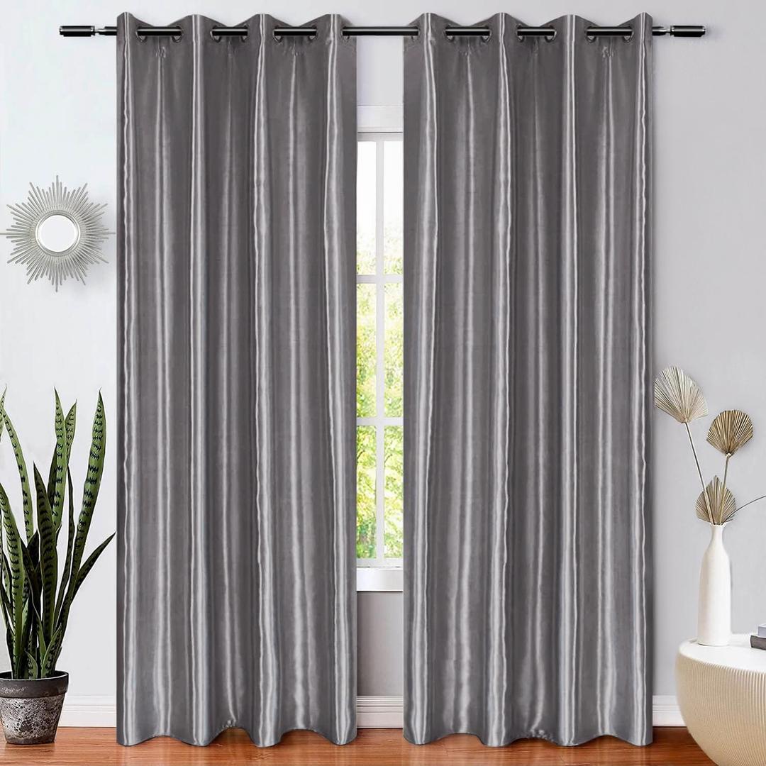 WUBODTI Dark Grey Silver Curtains for Bedroom 2 Panels 96 Inches Long, Shiny Metallic Faux Silk Satin Curtains Modern Light Filtering Thermal Insulated Shimmer Curtain for Living Room Dining Room