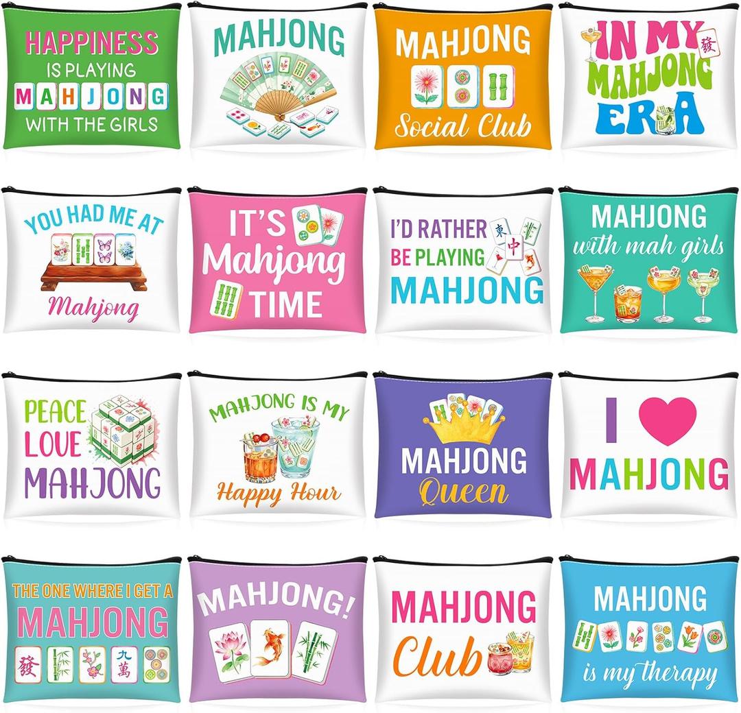 16 Pcs Mahjong Cosmetic Bag Gifts for Women Mahjong Makeup Bag Mah Jong Zippered Pouch for Lover Player Mothers Birthday Party Lucky Mah Jong Gift Coquette Accessories (Styles 2)