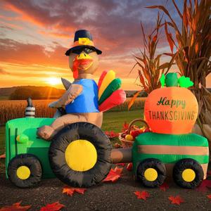 DomKom 6FT Thanksgiving Inflatables Tractor, Fall Blow up Turkey Drive Tractor with Colorful Tail and Pumpkin Happy Thanksgiving Sign, Decorations Outdoor Built-in LED Lights Yard Autumn Harvest