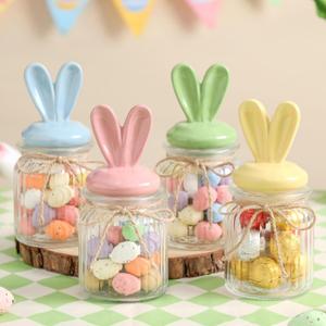 Easter Bunny Candy Jar Decorations - 4 PCS Glass Candy Jars with Bunny-Shaped Ceramic Lids - Airtight Glass Containers for Chocolate, Mini Eggs, Easter Table Centerpiece Decorations(6.7 * 3.1in)