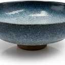 Ceramic Fruit Bowl for Kitchen Counter - 10" Decorative Bowl, Acacia wood baseLarge Decorative Bowls for Home Decor - Modern Key Bowl for Entryway Table - Pedestal Bowl for Keys Blue