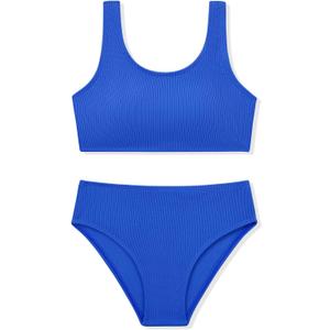 Girls Two Piece Swimsuits Ribbed Bikini Sets Swimming Bathing Suit Beach Sport Athletic Teen Girls Swimwear (11-12 Years, Deep Blue)
