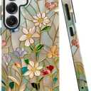 Case for Samsung Galaxy S25,Stained Glass Bloom Flower Phone Case Drop Resistant Glossy 2 in 1 Solid Dual-Layer Cover for Girl Women