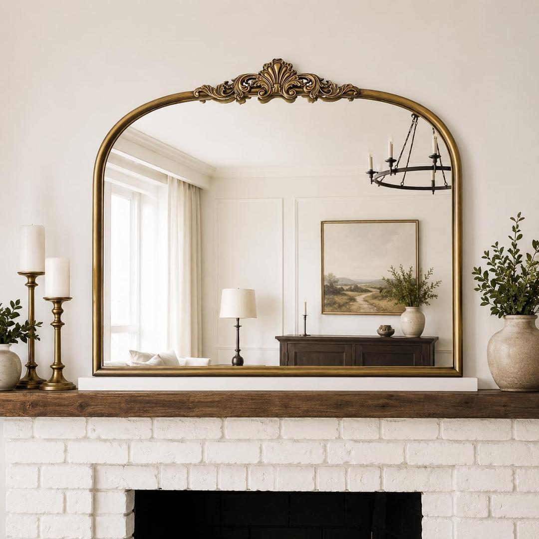Vintage Baroque Gold Mirror Metal Frame 36x30 Inch, Antique Arched Mantle Retro Oil Rubbed Bronze Ornate Vintage Mirror for Living Room, Fireplace, Entryway, Bathroom