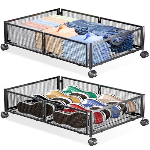 Under Bed Storage with Wheels, 2 Pack Under Bed Shoe Storage Organizer Drawer, Tool-free Assembly Metal Underbed Storage Containers for Clothes, Shoes, Black, 24.6"D x 16.6"W x 6.2"H