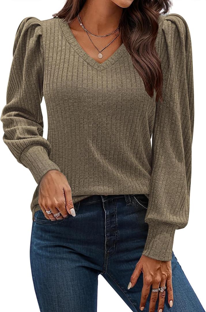 HOTOUCH Women's Knit Shirt Soft Puff Long Sleeve Blouse Tops Lightweight V Neck Tunic XS-XXL (L)