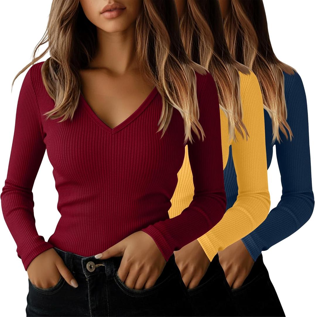 Ficerd 3 Pack Women's Long Sleeve T Shirts Cotton V Neck Slim Fit Tops Ribbed Knit Layering Casual Basic Tees Fall (M)