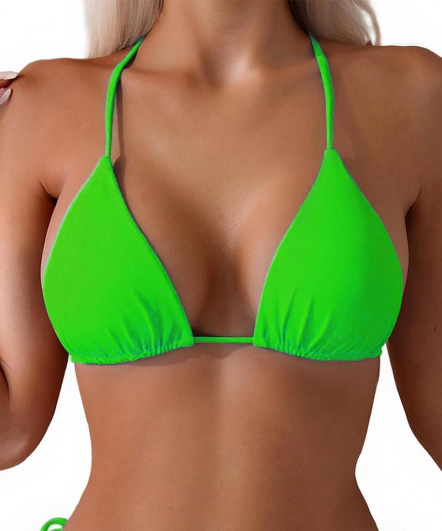 Tainehs Women's Triangle Bikini Top Halter Padded Push Up String Bikini Top Brazilian Bathing Suit Top Only (Large, Neon Green)