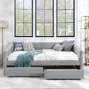 KEIKI Queen Size Linen Upholstery Daybed with 2 Drawers, Modern Tufted Corner Sofa Bed Frame with Solid Wooden Slats, Easy Assembly, No Box Spring Required, for Living Room, Bedroom, Grey