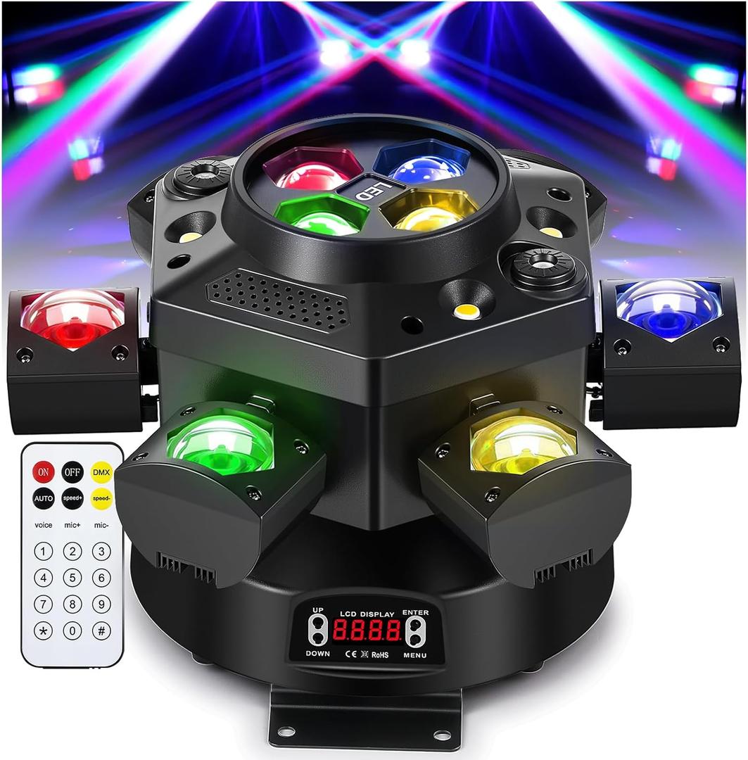 Moving Head DJ Lights, Spolehli 150W RGBW LED Stage Light with 6 Arms Beam, Bee-Eye Light with Mixed Lighting Effects, Sound Activated, DMX 512 Remote Control DJ Lights for Disco Club Wedding Party