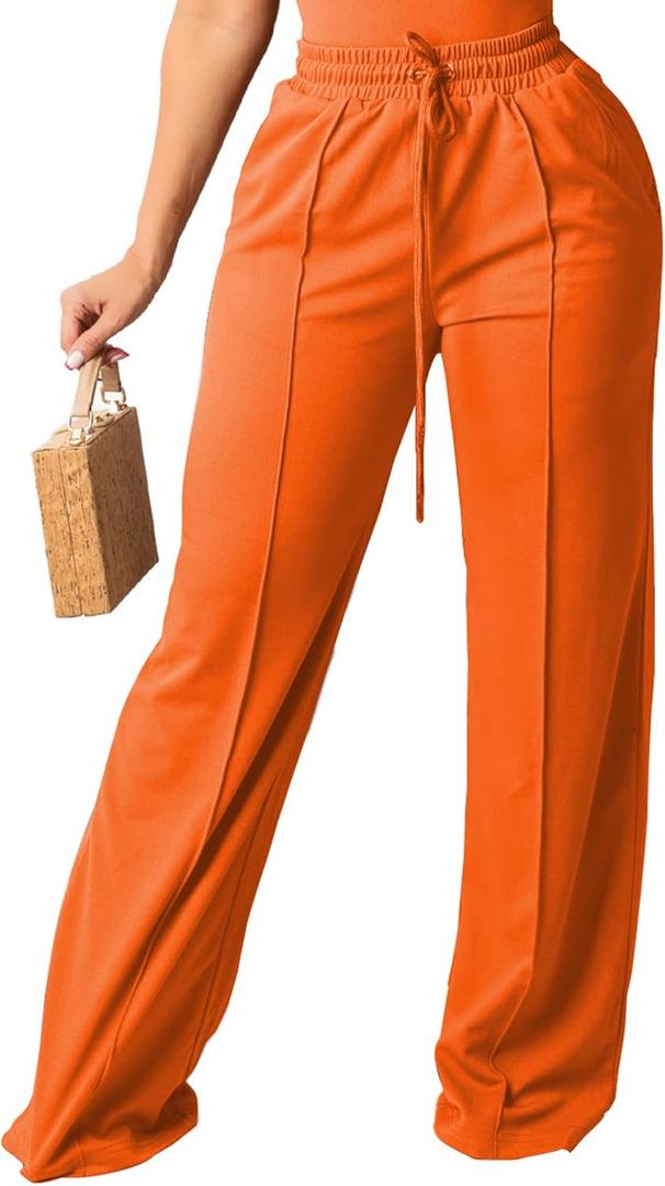 PINSV Women's Casual Wide Leg Pants High Waisted Drawstring Baggy Sweatpants Elastic Straight Leg Lounge Pants (Medium, 721 Orange)