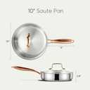 CAROTE 10" Tri-Ply Stainless Steel Deep Frying Pan with Lid, Non-Toxic Saute Pan, Oven Safe, Induction, Ceramic and Gas Cooktops Compatible, Silver