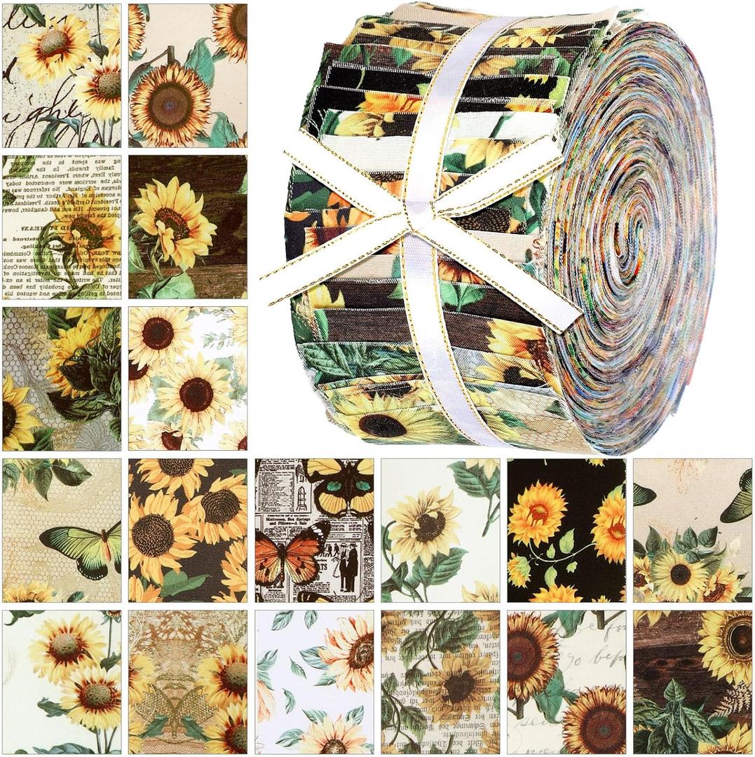 Hosuly 40 Pcs Sunflower Fabric Summer Jelly Fabric for Quilting Roll Sunflower Quilting Strips 2.55 Inch Yellow Floral Precut Bundle Roll for Rug Blanket Upholstery Purse Making DIY Craft Sewing