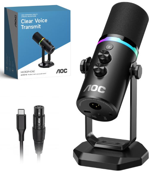 AOC USB/XLR Dynamic Microphone for Podcast Recording, PC Computer Gaming Streaming Mic with RGB Light, Mute Button, Headphones Jack, Desktop Stand, Vocal Mic for Singing YouTube, Black